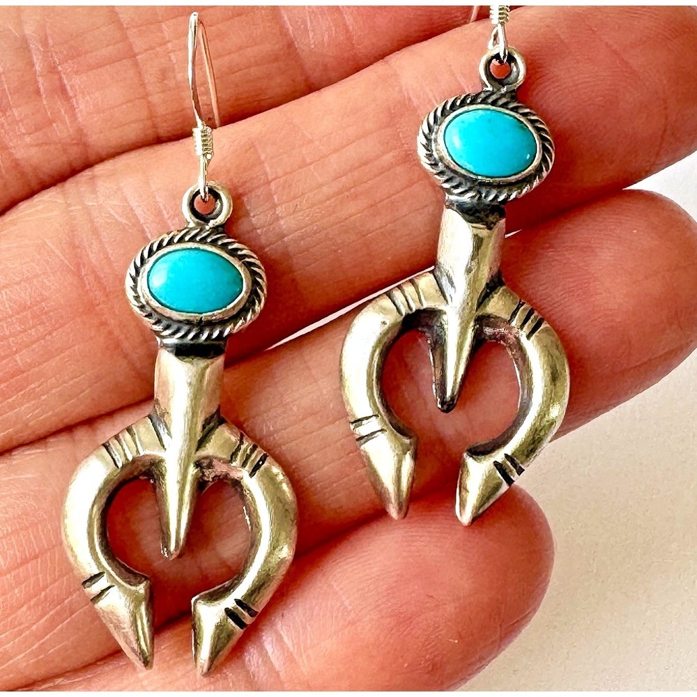 Navajo Naja Turquoise Earrings 1.75in Dangle Hook Sterling Squash Blossom Native